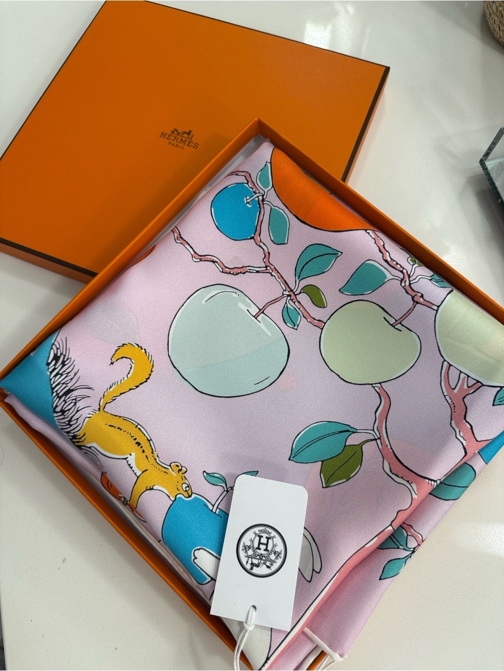 Hermes Pink Silk Scarf With Teal, Light Green And Yellow Accents